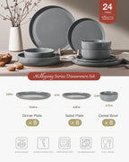 Famiware Milkyway Dinnerware Sets, 24 Piece Dish Set, Plates and Bowls Sets for 8, Dark Gray