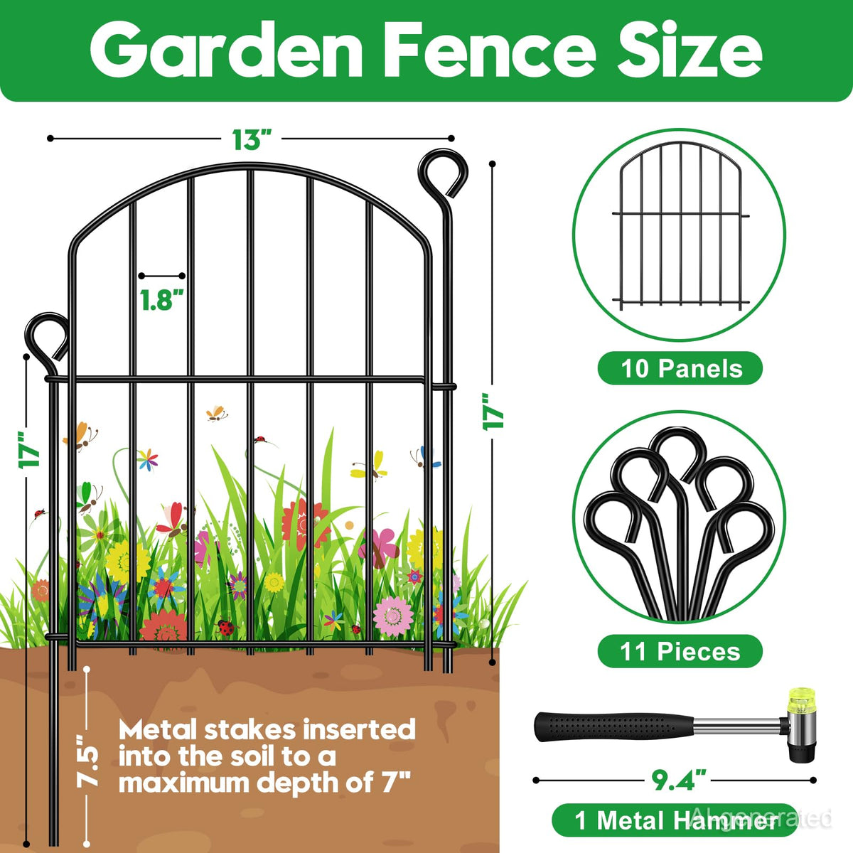 Decorative Garden Fence 17in (H) x10ft (L),Arched Rustproof Metal No Dig