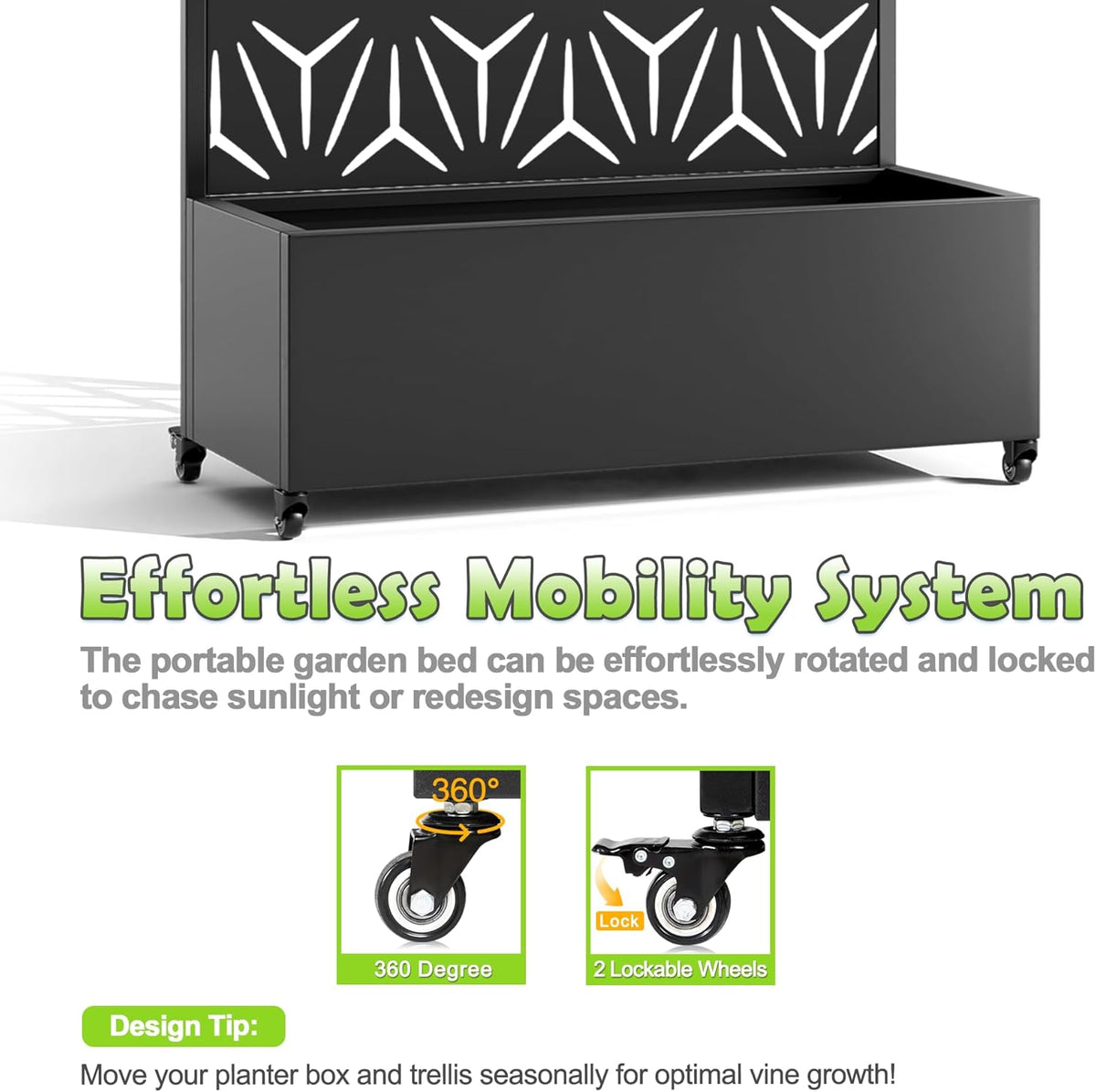 15.7"×70.9"×35.4" Metal Raised Garden Bed with Trellis and Wheels - Tall Trellis Planter Box for Climbing Plants, Vegetables & Vines - Outdoor Privacy Planters for Patio (Black-Star)