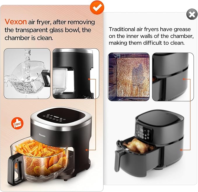 Glass Air Fryer,4.5QT Air Fryer with Viewing Glass Pot, Air Fry, Roast, Reheat, Dehydrate, Air Crisp Technology,Nonstick & Dishwasher Safe Basket,97% Less Oil,Features Digital Timer