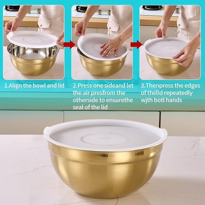 6 Piece Gold Mixing Bowls Set With Lids for Kitchen - Stainless Steel Ideal for Baking, Prepping, Cooking and Serving Food - Nesting Metal Bowls for Space Saving Storage