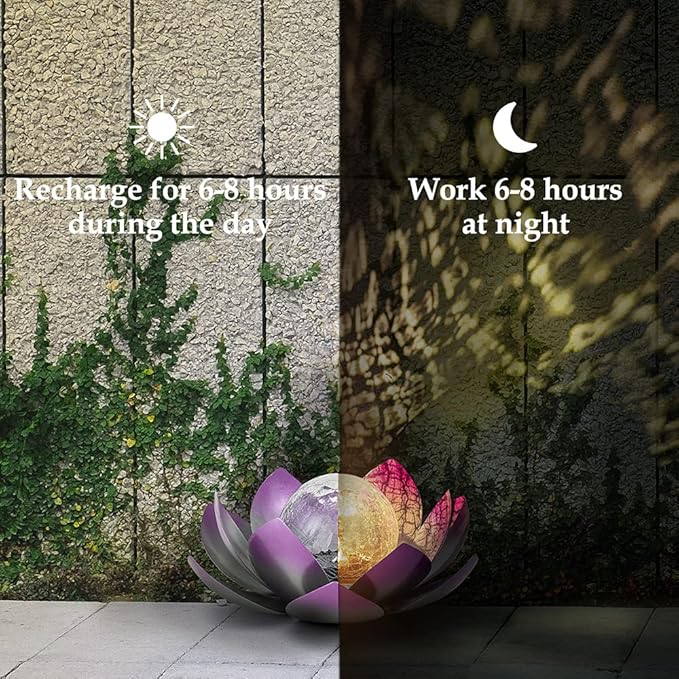 Huaxu Solar Lights Outdoor Decor Purple Lotus Waterproof LED Crackle Globe Glass Metal Flower Decorations for Garden Patio Yard Porch Pathway Ground Tabletop