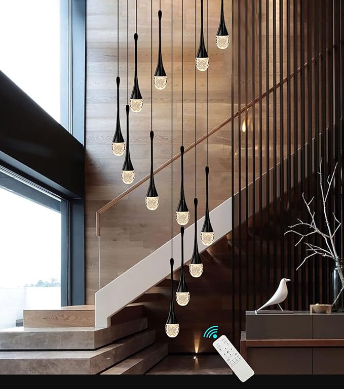 12-Light Black Raindrop Crystal Chandelier 120'' High Ceiling foyers Entrance Chandeliers Staircase Long Pendant Light Dimmbale LED 2700-6000K