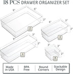 STORi SimpleSort 18-Piece Stackable Clear Drawer Organizer Set | Multi-size Trays | Makeup Vanity Storage Bins and Office Desk Drawer Dividers | Made in USA