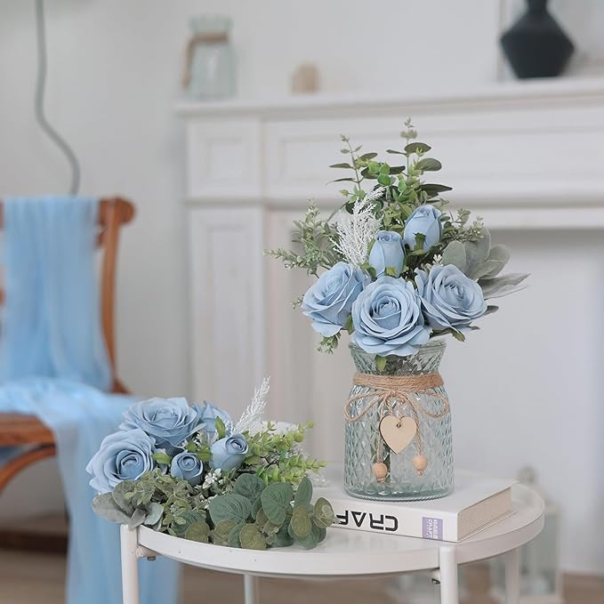 Faux Flowers with Vase,Artificial Silk Roses in Vase, Fake Plant Eucalyptus Flower Arrangement for Home Office Farmhouse Bathroom Dining Table Centerpiece Decorations Coffee Table Decor (Dusty Blue)