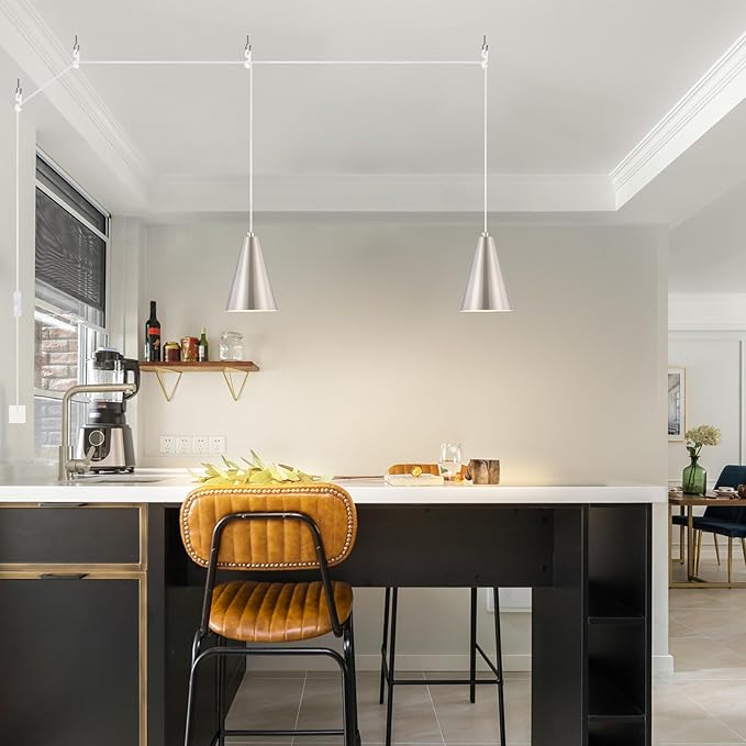 Brushed Nickel Plug In Pendant Light,Hanging Lights with Plug In Cord On/Off Switch, Mini Silver Pendant Lights for Kitchen Island,Modern Chandelier with Metal Shade,Hanging Lamps for Bedroom