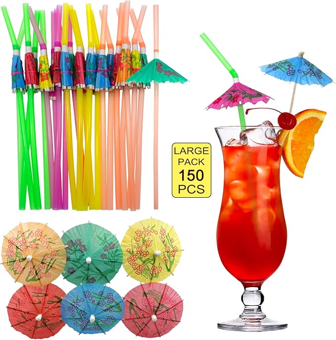BLUE TOP Umbrella Parasol Cocktail Picks &Cocktail Straws Set- Umbrella Drink Picks100pcs+Umbrella Drink Straws 50pcs Assorted Colors, Great Decoration for Food & Drink,Great for Children's Day