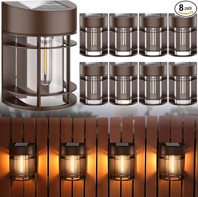 Solar Fence Lights, 8 Pack Deck Light Waterproof Solar Outdoor Lights for Garden Fence Post Backyard Decor, Brown