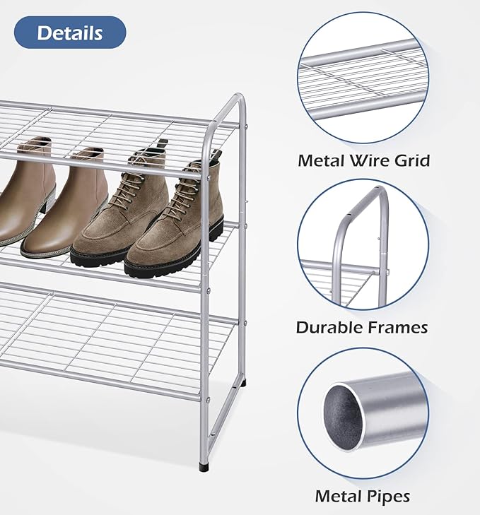 KEETDY 3-Tier Long Shoe Rack for Closet Metal Shoe Organizer for Entryway, Wide Stackable Shoe Storage Shelf with Sturdy Wire Grid for Closet Floor, Bedroom, Grey…