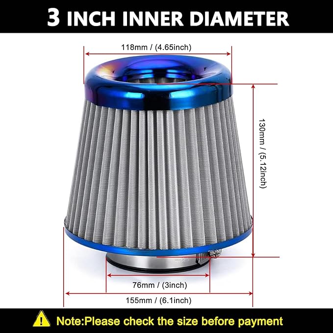 Cold Air Intake Filter, High Performance, Washable Filter, Clamp-On Replacement Air Filter, Flange Diameter 3inch/76mm Gray