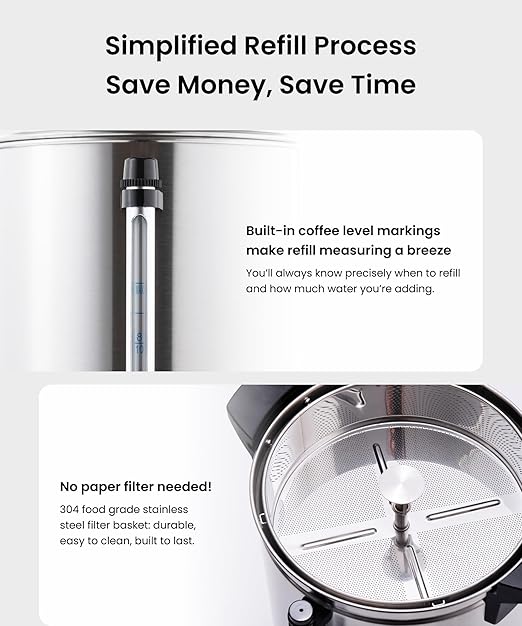 SYBO 120 Cup Commercial Coffee Urn & Hot Beverage Dispenser Stainless Steel Percolate Maker Fast Brew Keeps Warm – Ideal for Tea Water at Events Catering 18 L Metallic