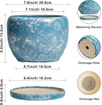 SQOWL Ceramic Pots for Plants - 8 Inch Ceramic Planter for Indoor Outdoor, Decorative Flower Pot with Drainage Hole and Saucer, Round Planter, Home Living Room Bathroom Decor, Plant Lover Gifts, Blue