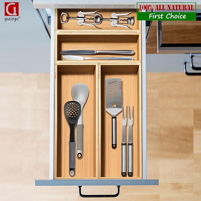 Bamboo Drawer Silverware Organizer, Flatware Organizer, Bamboo Storage Box for Office, Bathroom and other objects storage (large14.2 x5 x2 Small 9.85"x3.55"x1.78"- Set of 4)