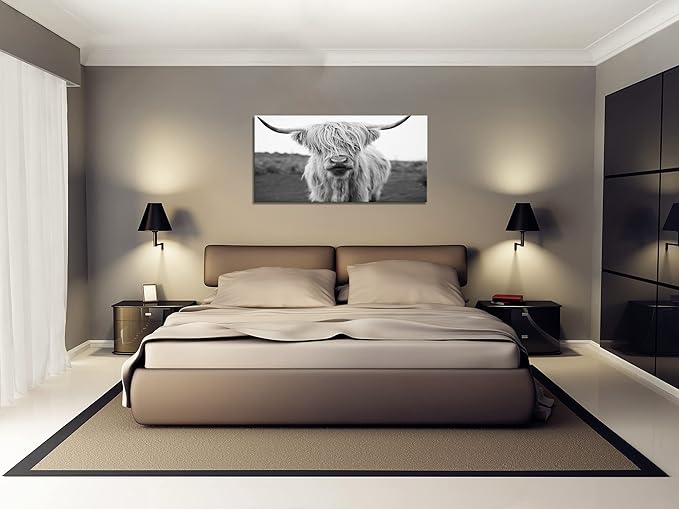 XXMWallArt FC3650 Highland Cow Canvas Art - Black and White Animal Wall Art for Living Room, Bedroom, Office Decor