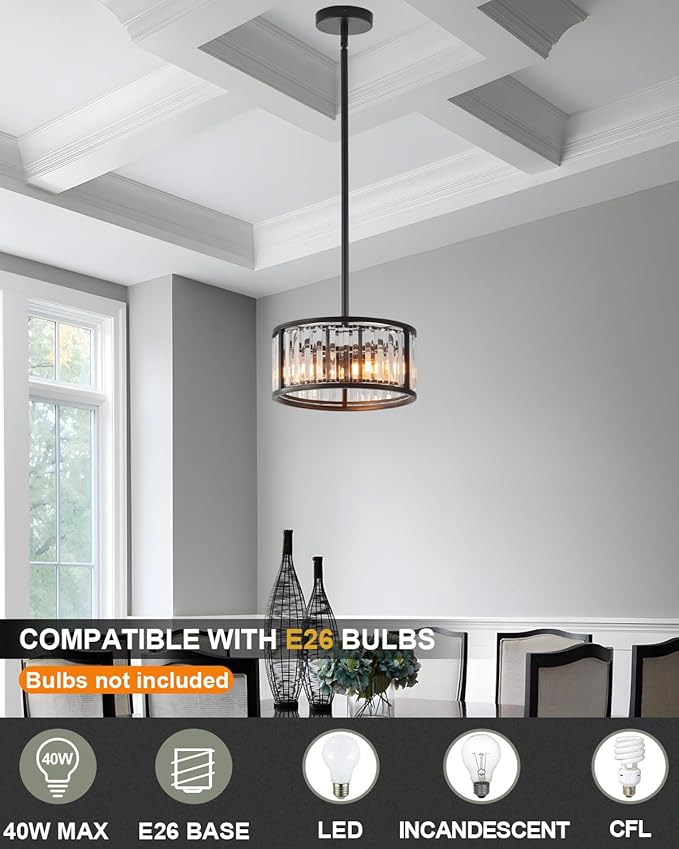 Black Flush Mount Ceiling Light, 2- Light Caged Crystal Chandelier, Small Drum Hallway Light fixtures Ceiling Mount (11 INCH Black Pendant Light(2-Light))