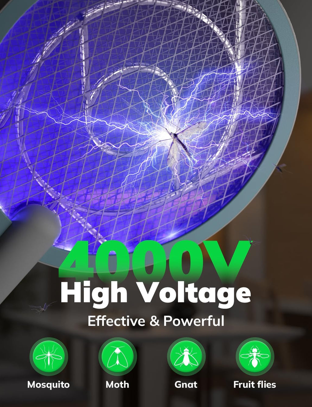YISSVIC Electric Fly Swatter Bug Zapper Racket 4000V LED Screen Dual Modes Fly Zapper Rechargeable for Indoor Home Office Backyard Patio Camping