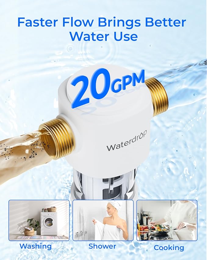 Waterdrop Spin Down Sediment Filter, Reusable Whole House Water Filter System, Flushable Pre-Filter System for City/Well Water, 50 Micron, 1" MNPT + 3/4" FNPT, WD-PF01