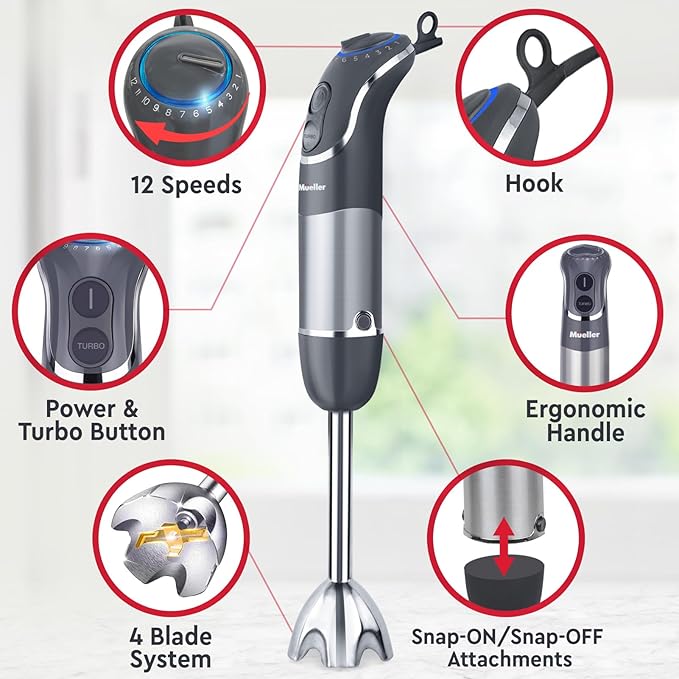 Mueller Multistick 5-in-1 Immersion Blender Handheld, 12 Speed Hand Mixer - Turbo Boost, Heaviest Duty Copper Motor, Titanium Blades Hand Blender, Milk Frother Wand, Whisk, Beaker, Chopper, Grey