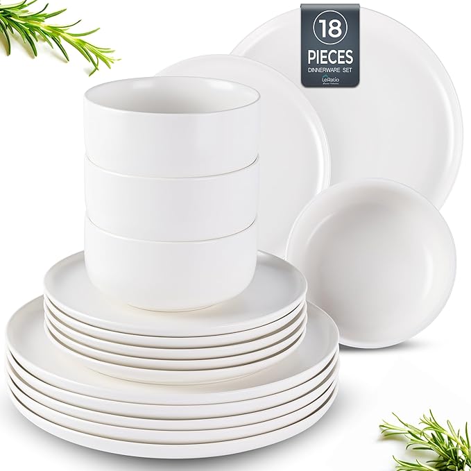 LERATIO Stoneware Dinnerware Sets for 6,Handcarft Ceramic Plates and Bowls Sets,Chip and Scratch Resistant Dishes, Dishwasher & Microwave Safe, Oven safe,Reactive Glaze-White