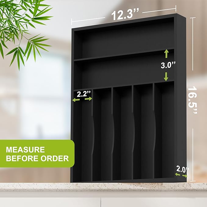 Sliverware Organizer, Bamboo Kitchen Drawer Organizer, Flatware Organizer Tray Holder for Sliverware, Utensil & Cutlery (7 Slots, Black)