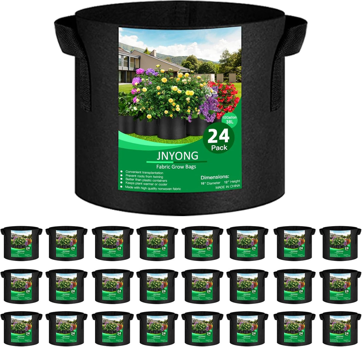24-Pack 10 Gallon Thickened Non-Woven Grow Bags, Aeration Fabric Pots with Handles