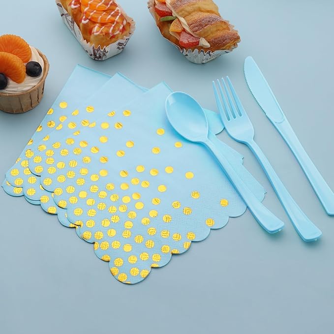 Blue and Gold Party Decorations 175PCS Light Blue Paper Plates and Napkins and Cups With Blue Plastic Forks Knives Spoons for Wedding Birthday Party Baby Shower Decorations Boy