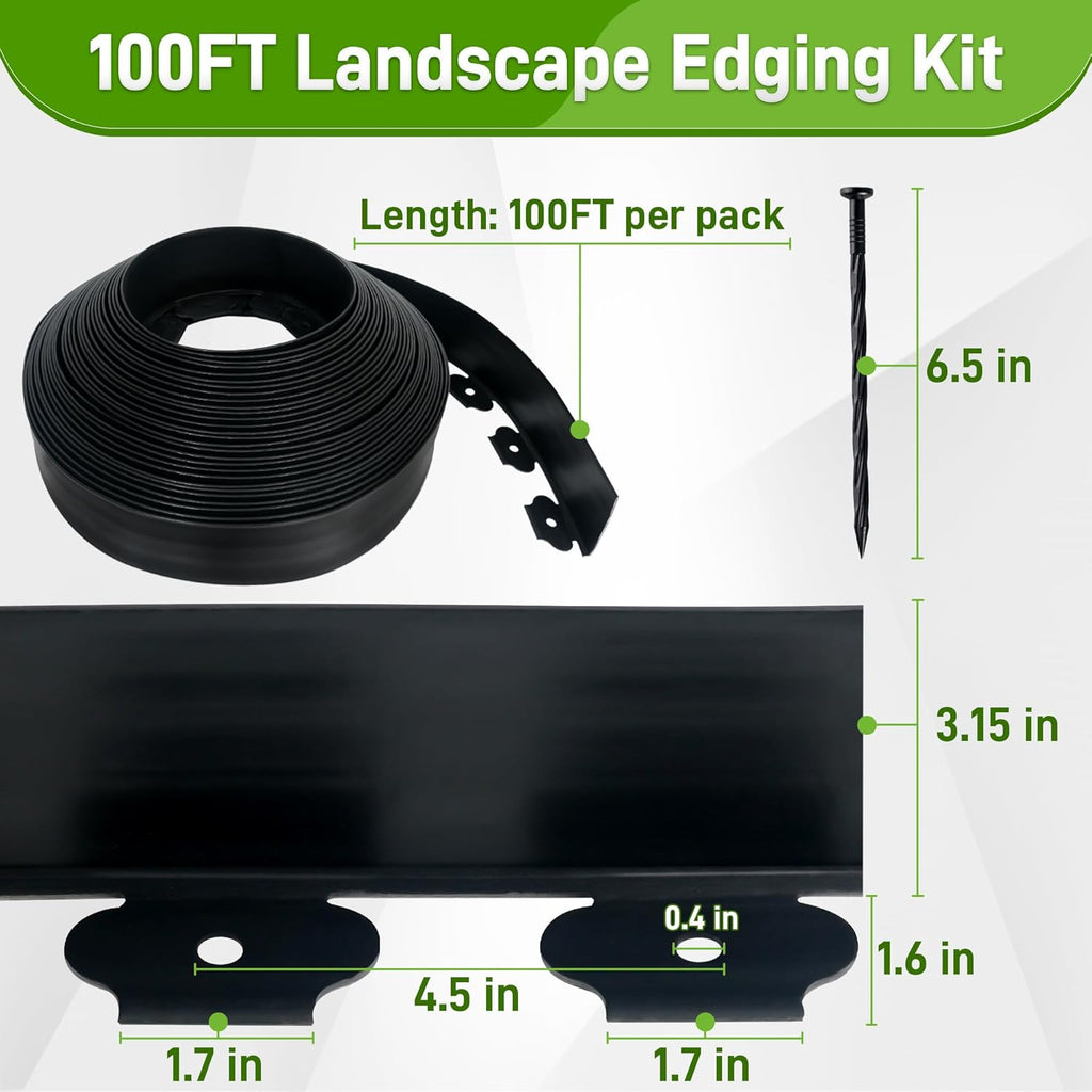 3.15" x 100' No Dig Landscape Edging, Flexible Garden Edging Borders with 90 Anchoring Spikes, Plastic Lawn Edging for Landscaping Garden Flower Beds Grass Yard Paver Pathway, Black