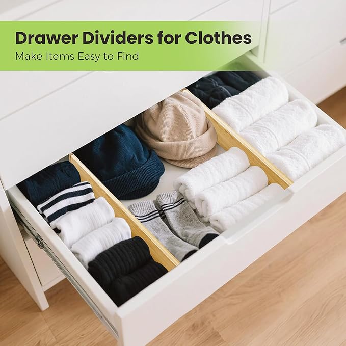 Drawer Divider, Adjustable Bamboo Kitchen Drawer Organizer, Spring Loaded Drawer Organizer, Dresser Separators for Kitchen, Bathroom, Clothes, Office Desk Storage (Natural, 4 Pack Large)