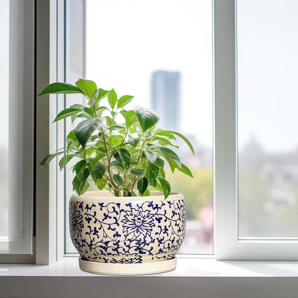 SQOWL 10 Inch Plant Pot Indoor - Ceramic Planter with Drainage Hole and Tray, Large Ceramic Flower Pots Outdoor, Porcelain Decorative Round Planter, Room Decor, Gifts for Plant Lovers, Blue and Beige