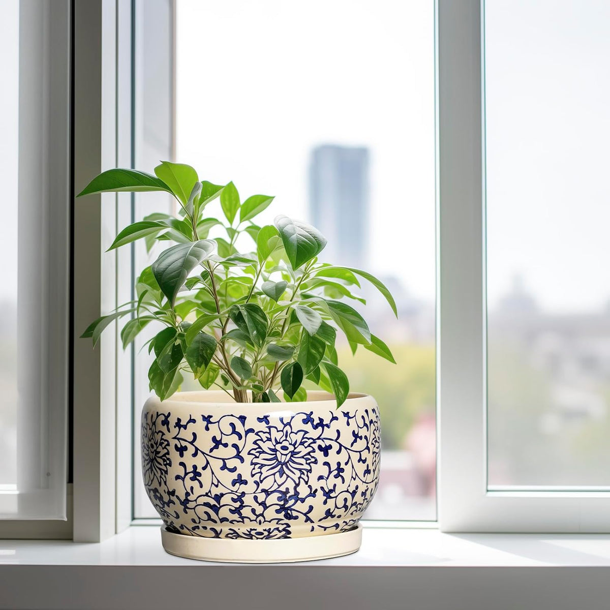 SQOWL 10 Inch Plant Pot Indoor - Ceramic Planter with Drainage Hole and Tray, Large Ceramic Flower Pots Outdoor, Porcelain Decorative Round Planter, Room Decor, Gifts for Plant Lovers, Blue and Beige