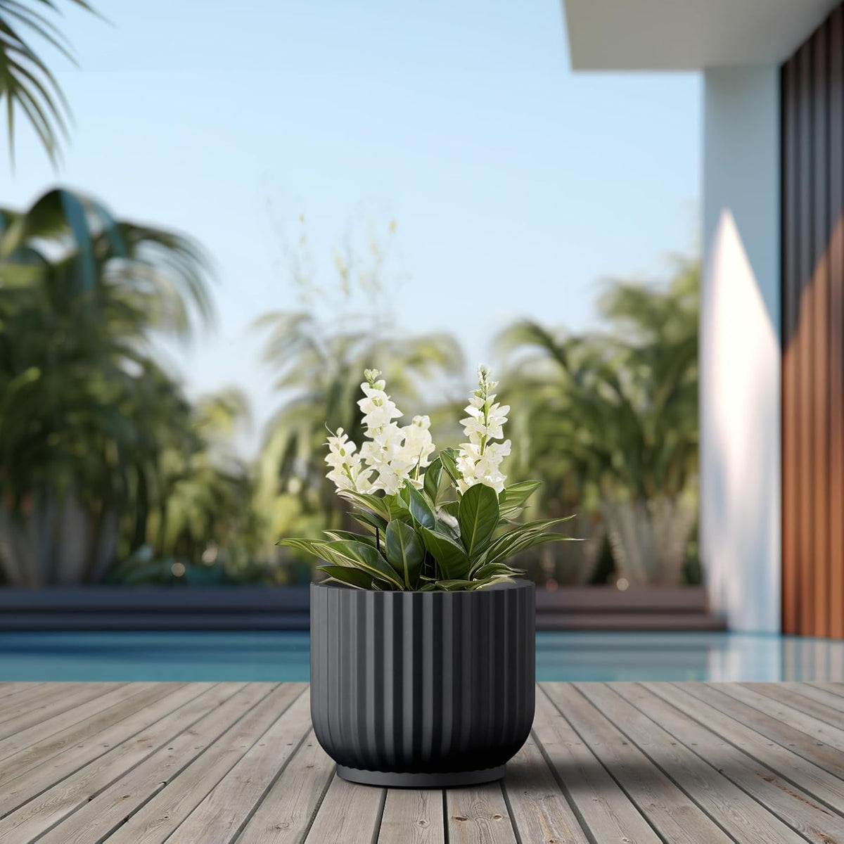Kante Round Fulted Planter, 14 Inch Dia Large Concrete Plant Pots with Drainage Hole and Rubber Plug, Modern Decor for Indoor Outdoor Plants, Flower, Black