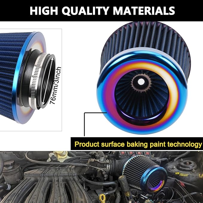 Cold Air Intake Filter, High Performance, Washable Filter, Clamp-On Replacement Air Filter, Flange Diameter 3inch/76mm Black