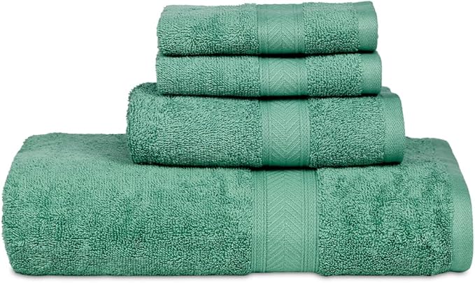 Casa Lino 100% Cotton Bath Towels Set of 4 (1 Bath Towel, 1 Hand Towel & 2 Wash Cloths) - Bathroom Towels and Washcloths Set - Complete Bathroom Set - Guest Room Essentials - (Green)