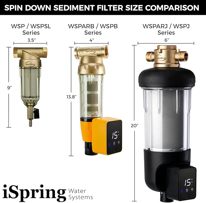 iSpring WSP500ARJ Spin-Down Sediment Water Filter, Upgraded Jumbo Size, Large Capacity, Reusable with Touch-Screen Auto Flushing Module, Brass Top Clear Housing, 500 Microns