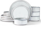 LIANYU Stoneware Dinnerware Dishes Sets for 4, 12 Piece Ceramic Plates and Bowls Dishware Set for Pasta Dessert Cereal, Rustic Terracotta Bottom, Microwave & Dishwasher Safe, Lucent White