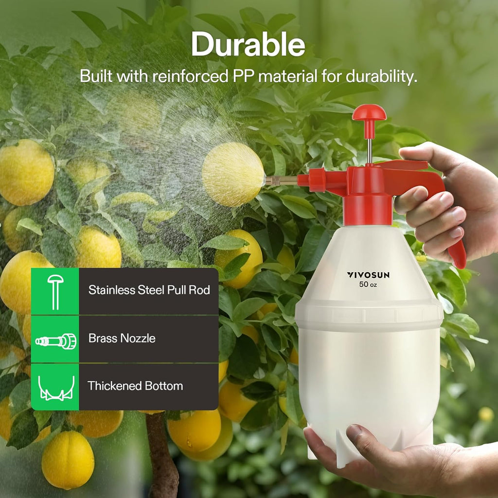 VIVOSUN 50oz Pump Sprayer, Handheld Garden Water Sprayer Bottle with Adjustable Brass Nozzle, for Spraying Plants, Flowers, Weeds and Cleaning, Red