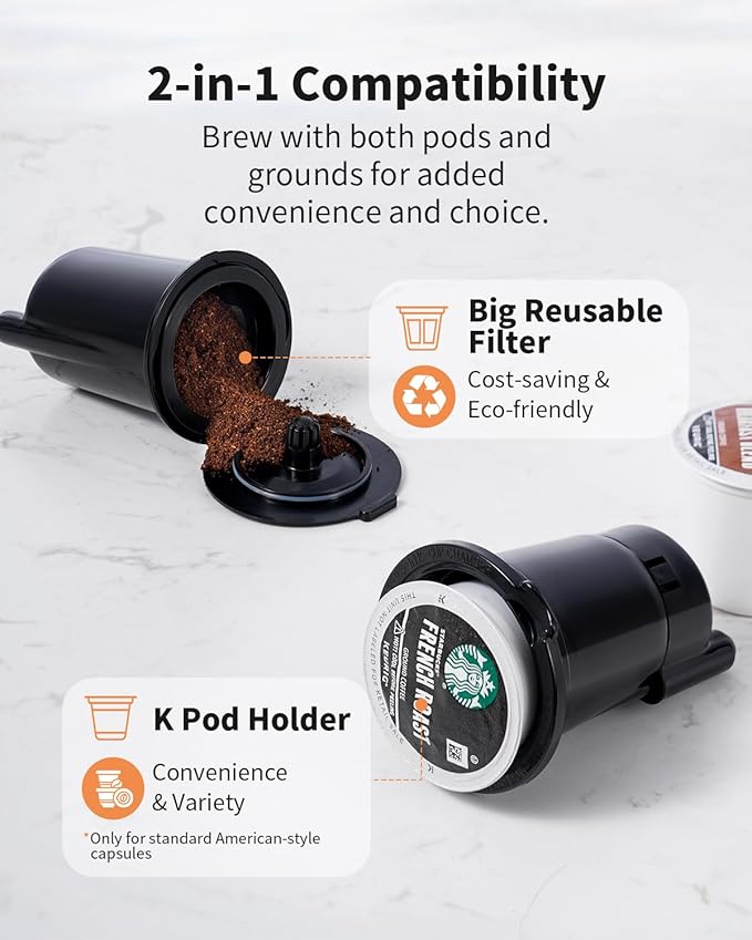 Hot & Iced Coffee Maker with Bold Setting, Single Serve Coffee Maker for K Cup and Grounds, 6-14 Oz Brew Sizes, 50 Oz Removable Water Tank, One Cup Coffee Machine with Reusable Filter, White