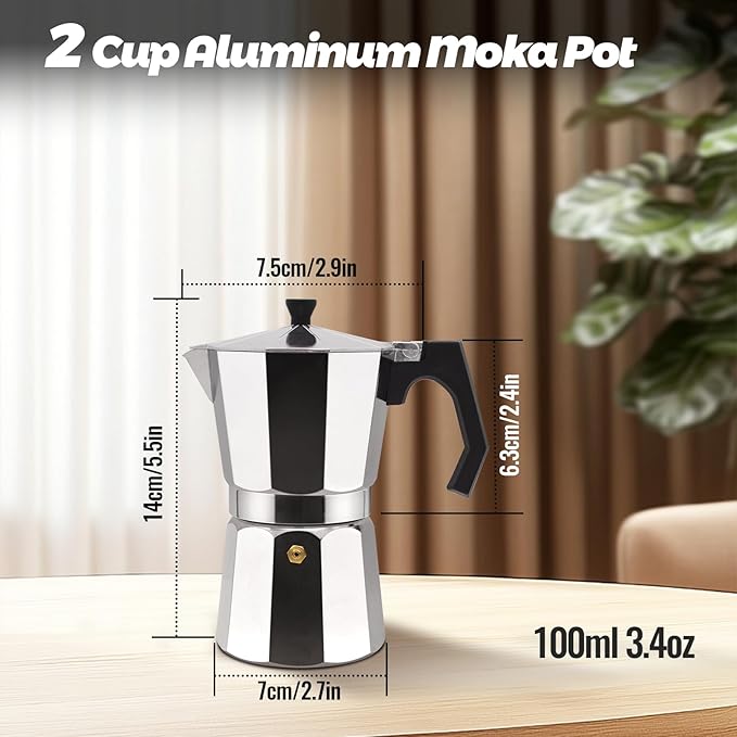 2 Cup Aluminum Moka Pot Classic Stovetop Espresso Coffee Maker 100ml 3.4oz Coffeemaker Percolator Mocha Pot Greca Coffee Maker Cafe Makers for Italian and Cuban Café Brewing Silver