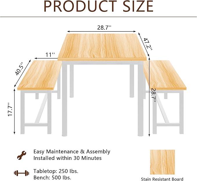 AWQM Dining Table Set with Two Benches, Kitchen Table Set for 4-6 Persons, Kitchen Table of 47.2 x 28.7 x 28.7 Inches, Bench of 41.3 x 11.8 x 17.7 Inches Each, Oak
