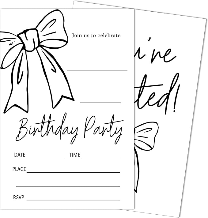 SIXEIGHT Black Bow Birthday Decorations, Black Ribbon Bow Birthday Party Invitations, 20 Party Invitations with Envelopes for Girls Boys, Bows Decorations Supplies, 4"x6"-A10