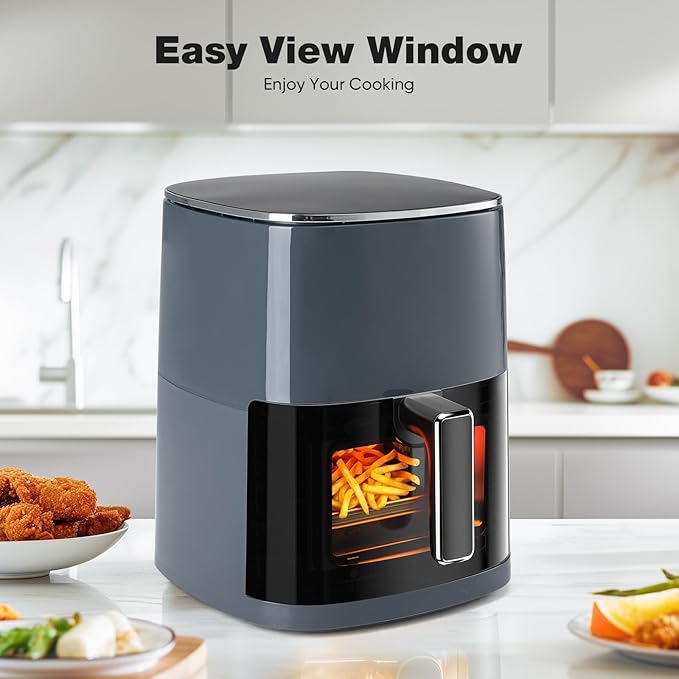 OLIXIS Air Fryer 6 Quart with Window Square Air Fryer 12-in-1 Air Fry, Roast, Reheat, Dehydrate, Bake, Steam, Fries, Custard, Chicken, Wings, Sea Food, Vegetabels,400F Grey