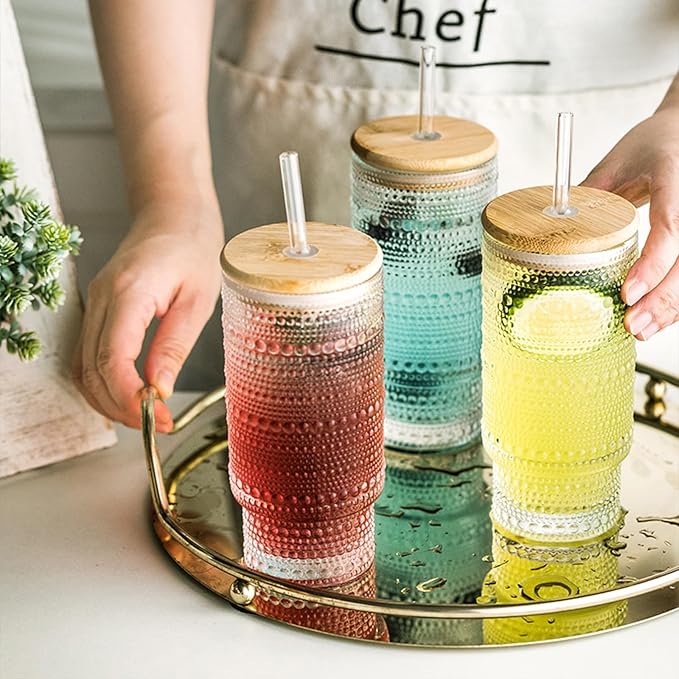 KEMORELA Set of 6 Hobnail Drinking Glasses with Cool Glassware Lid and Straw, 16oz XL Highball Bubble Cocktail, Old Fashioned Beverage Glasses, Romantic Water Glasses for Juice