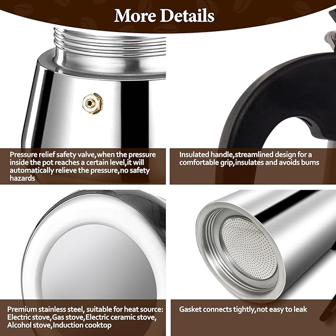 6 Cup Moka Pot Percolator Italian Coffee Maker 300ml Stovetop Espresso Mocha Stainless Steel Greca Coffee Maker Classic Cafe Makers Suitable for Induction Cookers Ceramic Stoves Tummy