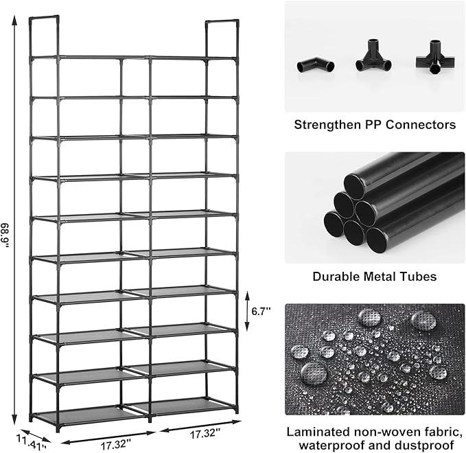 10 Tiers Shoe Rack, 30-40 Pairs Large Shoe Organizer, Sturdy Shoe Storage, Space Saving Tall Metal Shoe Shelf, Stackable Shoe Rack for Closet, Entryway, Bedroom, Black