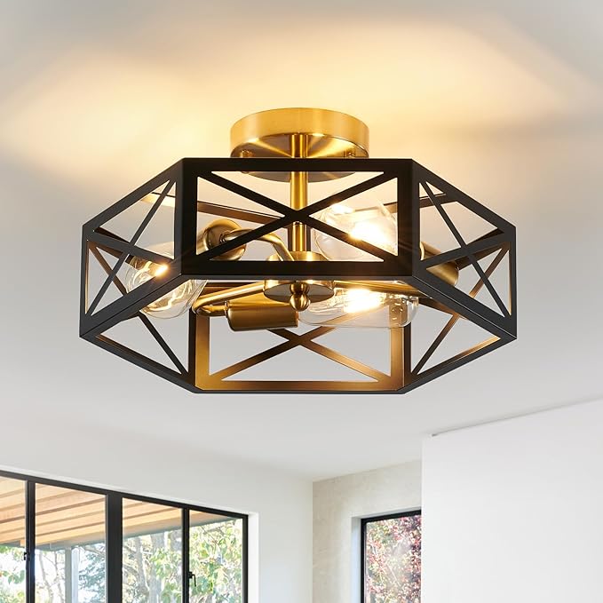 Modern Flush Mount Ceiling Light, 3-Light Black Gold Hallway Light Fixtures Ceiling Mount, Industrial Close to Ceiling Light with Metal Hexagon Cage Ceiling Lamp for Kitchen, Bedroom, Bathroom