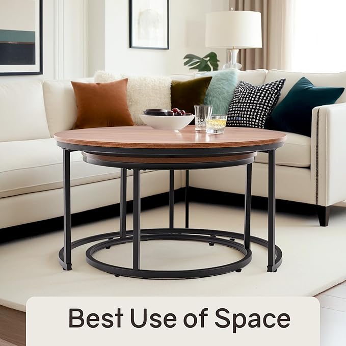 Nesting Tables Set of 2, 31.5" Round Coffee Table, Small Nesting Coffee Table with Adjustable Non-Slip Fee, Wood Grain Top Nesting Tables for Living Room, Bedroom (Wood Grain Brown)