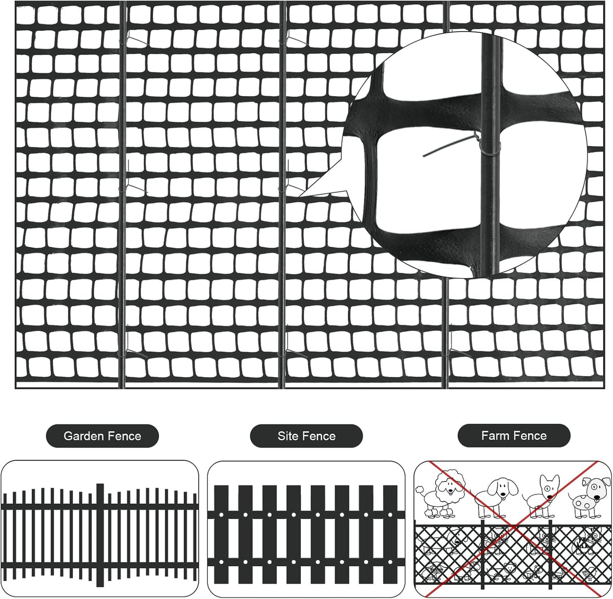 Plastic Garden Fencing Roll Safety Construction Barrier Outdoor Snow Mesh Fence Garden Netting, 1.2 Inch Mesh, Coated Iron Wire Support Stakes, Cable Ties for Garden (Black, 2 x 50 Feet)