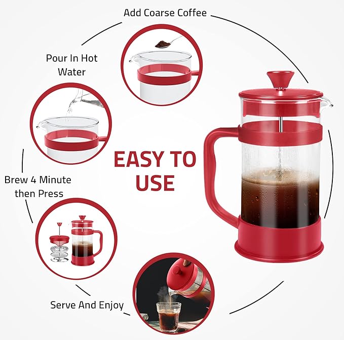 Utopia Kitchen 12 Ounce 0.35 Liter French Press Coffee Maker, Tea Maker, Travel Coffee Presses, Heat Resistant Thickened Borosilicate Coffee Pot for Camping Travel Gifts, Red Pack of 1