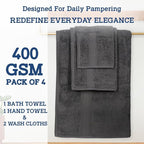 Casa Lino 100% Cotton Bath Towels Set of 4 (1 Bath Towel, 1 Hand Towel & 2 Wash Cloths) - Bathroom Towels and Washcloths Set - Complete Bathroom Set - Guest Room Essentials - (Charcoal Black)