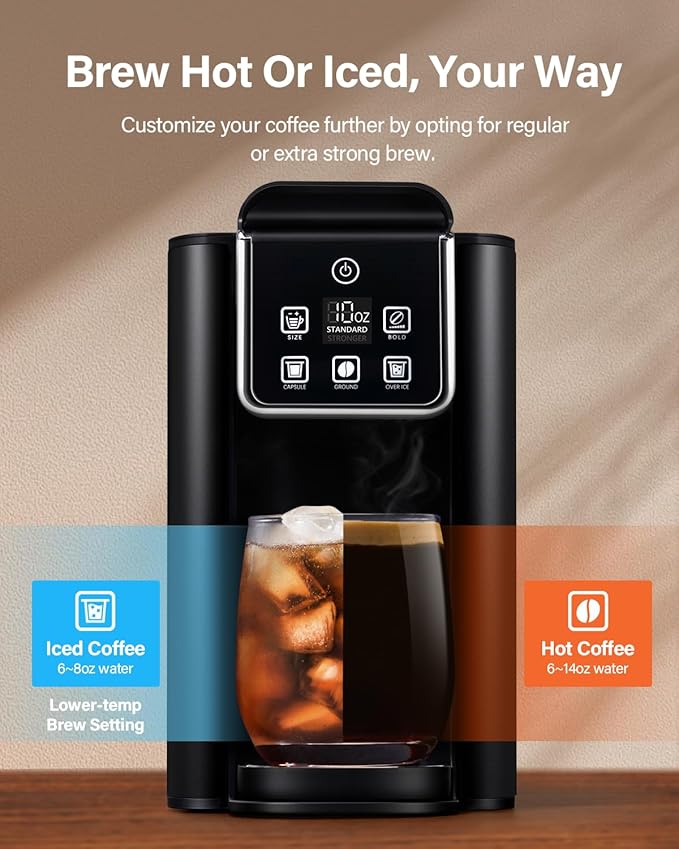 SHARDOR Single Serve Coffee Maker 2.0, Hot and Iced Coffee Machine for K Cup Pods & Ground Coffee, 6 to 14 oz Brew Sizes, 50 oz Removable Water Tank, Bold Brew Setting, Stainless Steel, Black